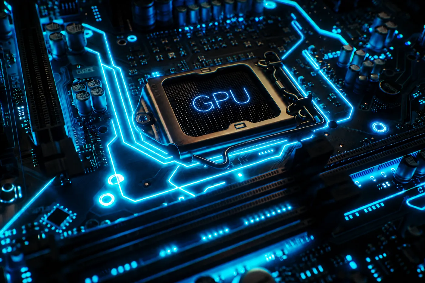 Placa-mãe com iluminação neon azul e texto "GPU" em destaque sobre o modem, representando infraestrutura de processamento gráfico para IA.