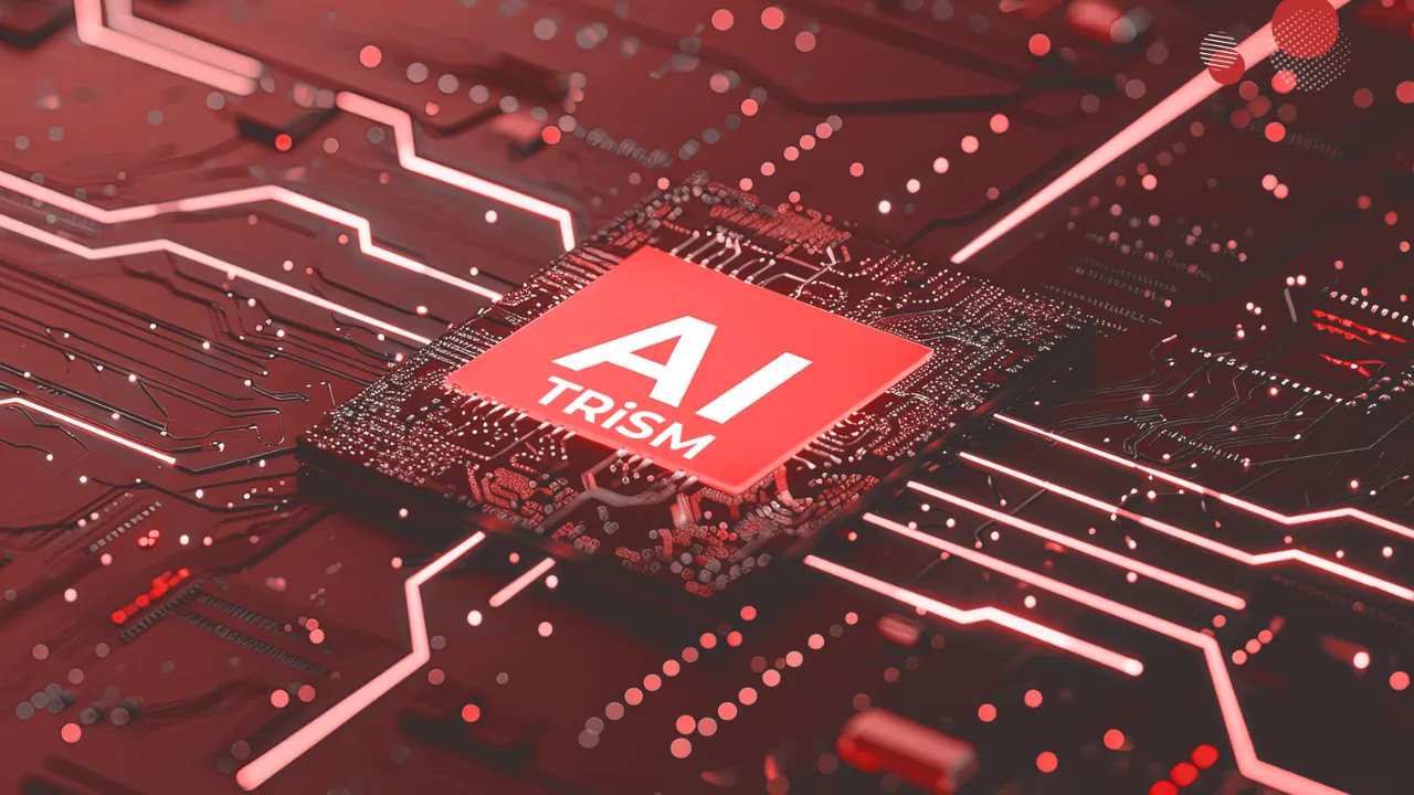 A imagem destaca um microchip de inteligência artificial chamado "AI TRiSM", posicionado centralmente sobre um circuito impresso em tons de vermelho e preto. O chip é destacado por sua cor vermelha vibrante, com o texto "AI" em branco proeminente, simbolizando tecnologia avançada e inovação no campo da inteligência artificial.