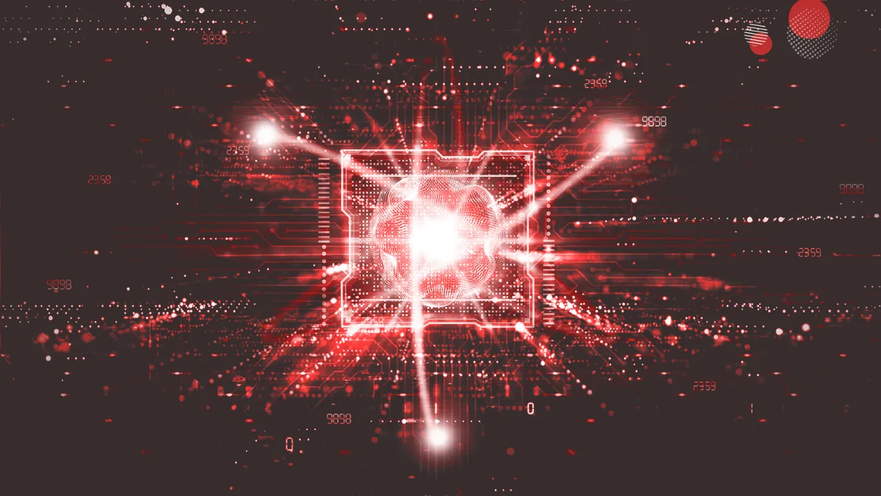 Ilustração digital de um chip de GPU em vermelho, simbolizando processamento paralelo de CUDA Cores e Tensor Cores.