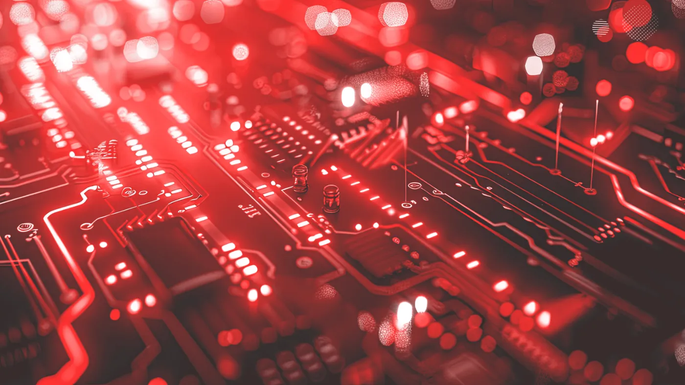 Circuito eletrônico iluminado em tons de vermelho, simbolizando tecnologia e sistemas digitais, associado a conceitos de RTO (Recovery Time Objective) e RPO (Recovery Point Objective) no contexto de segurança da informação.