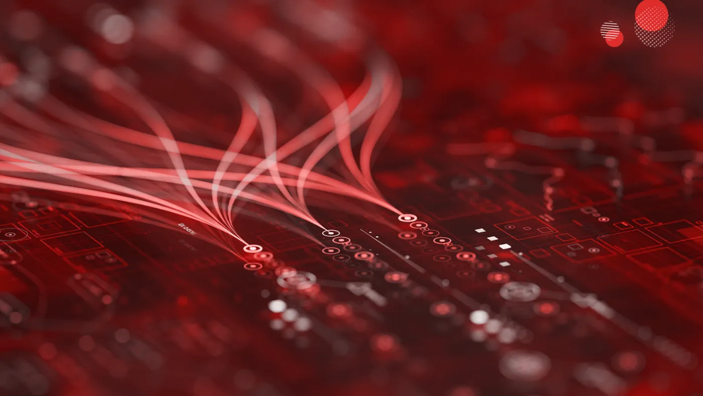 Imagem com fundo em tons de vermelho, mostrando uma placa de circuito e diversos feixes de luz representando fluxo de dados — simbolizando workloads estáticos e dinâmicos na cloud.