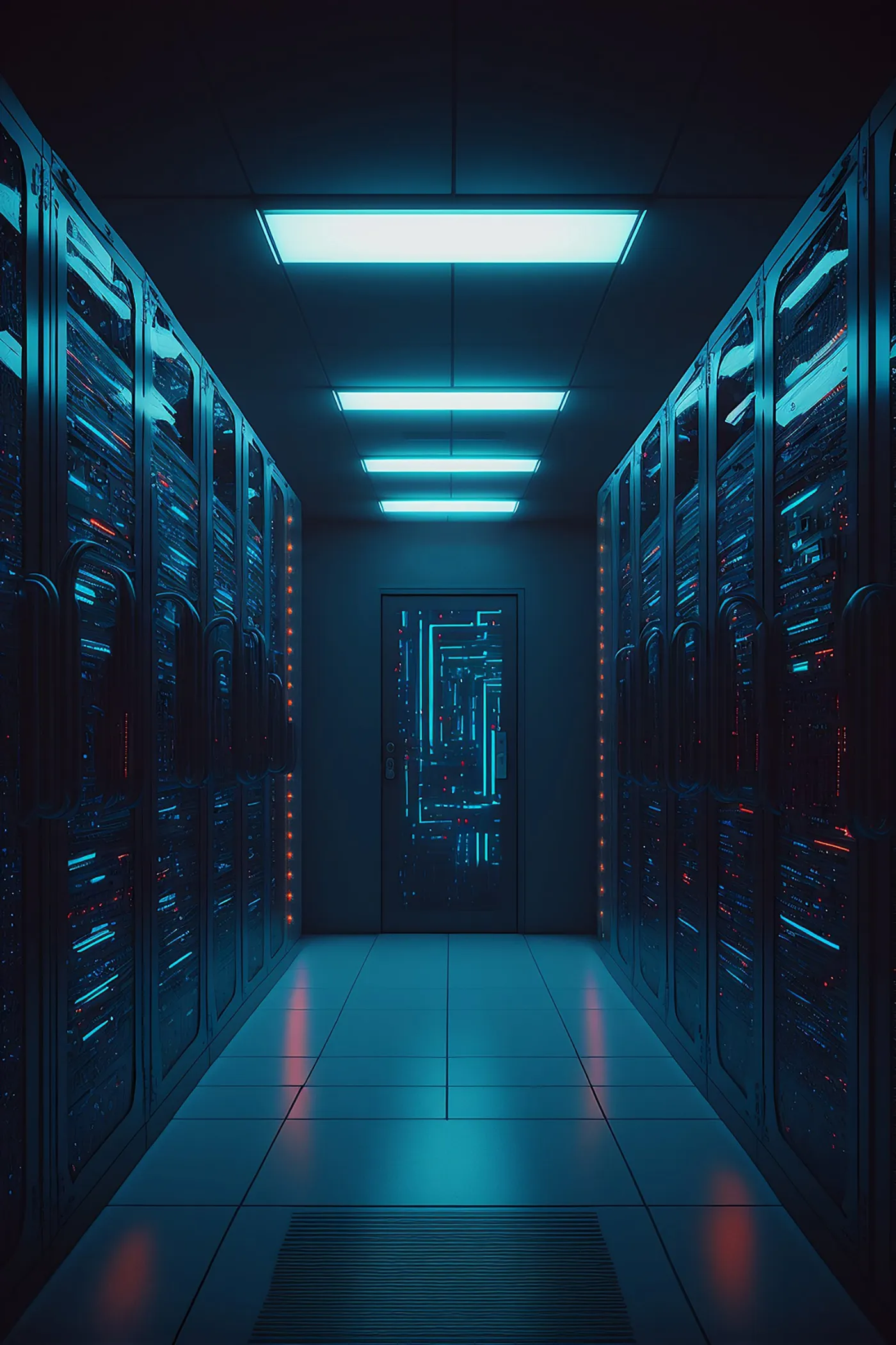 Racks de servidores em data center com iluminação azul e gráficos de serveless no cenário ao fundo.