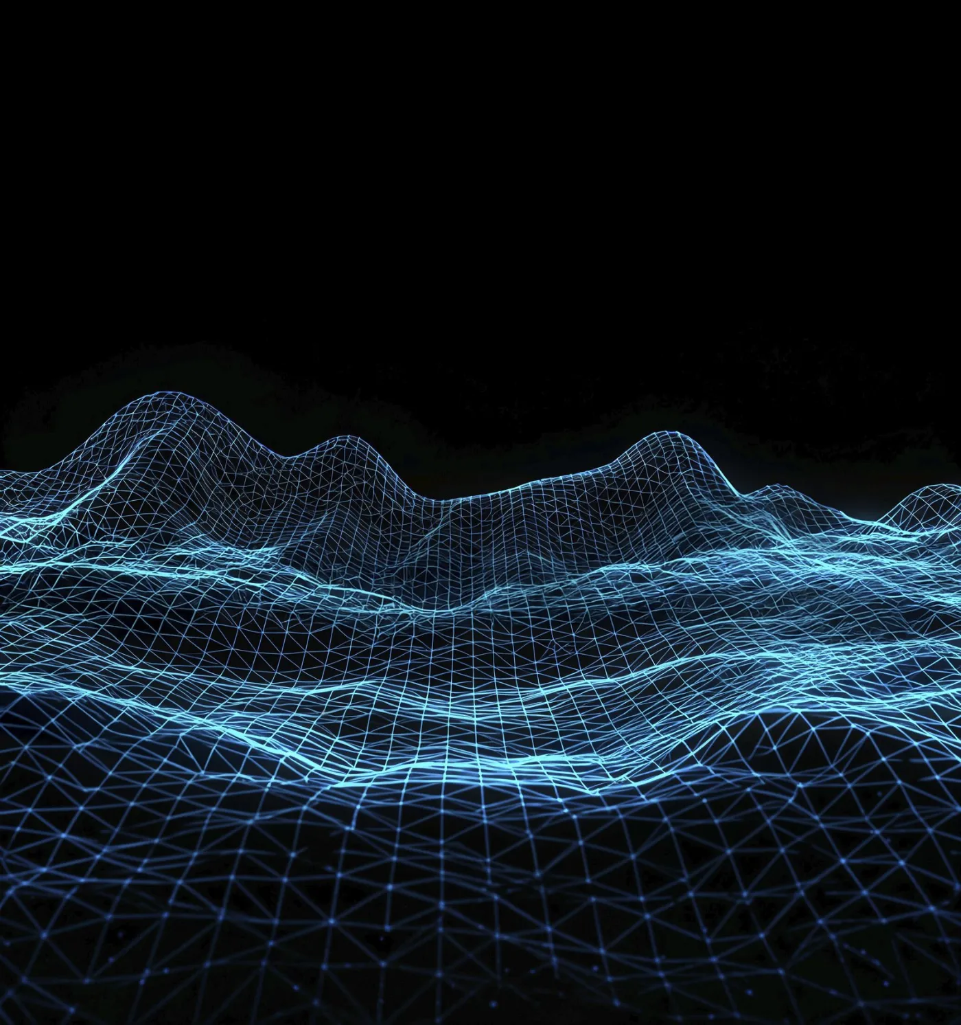 A imagem mostra uma representação digital abstrata de um terreno tridimensional formado por uma grade de linhas em tons de ciano sobre um fundo preto. As linhas criam um efeito de relevo, lembrando montanhas ou ondas, com picos e vales suaves. O visual tem um aspecto tecnológico e futurista, como se fosse uma simulação de paisagem digital, um mapa topográfico em 3D ou uma visualização de dados.