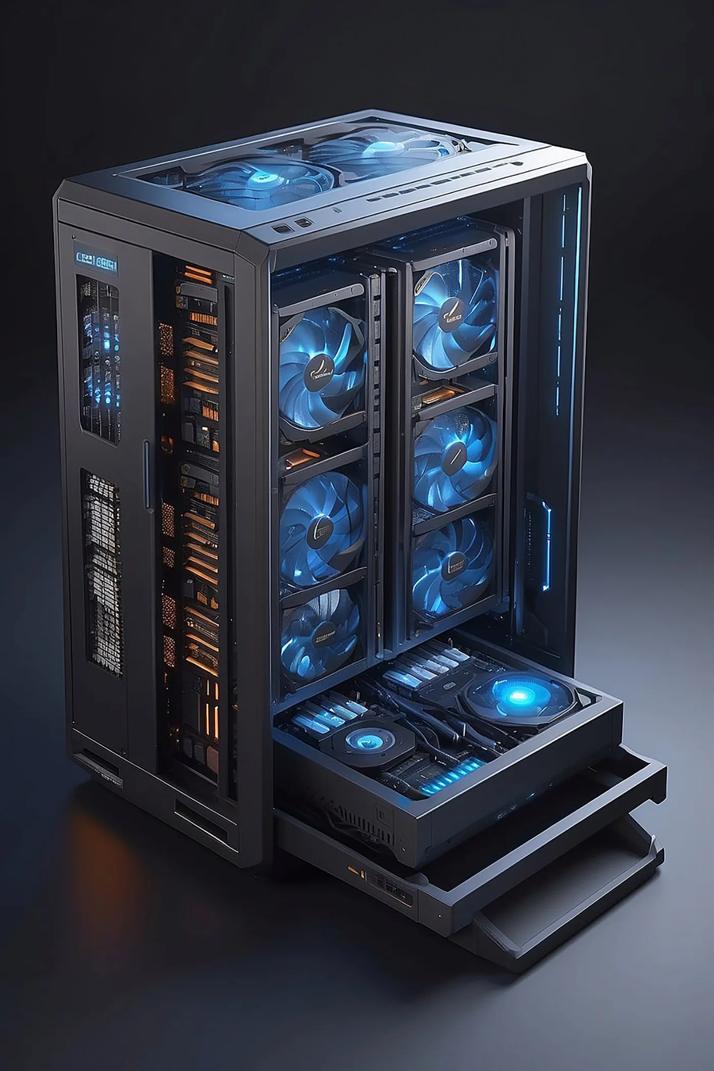 Servidor GPU de alto desempenho com múltiplas ventoinhas de refrigeração.