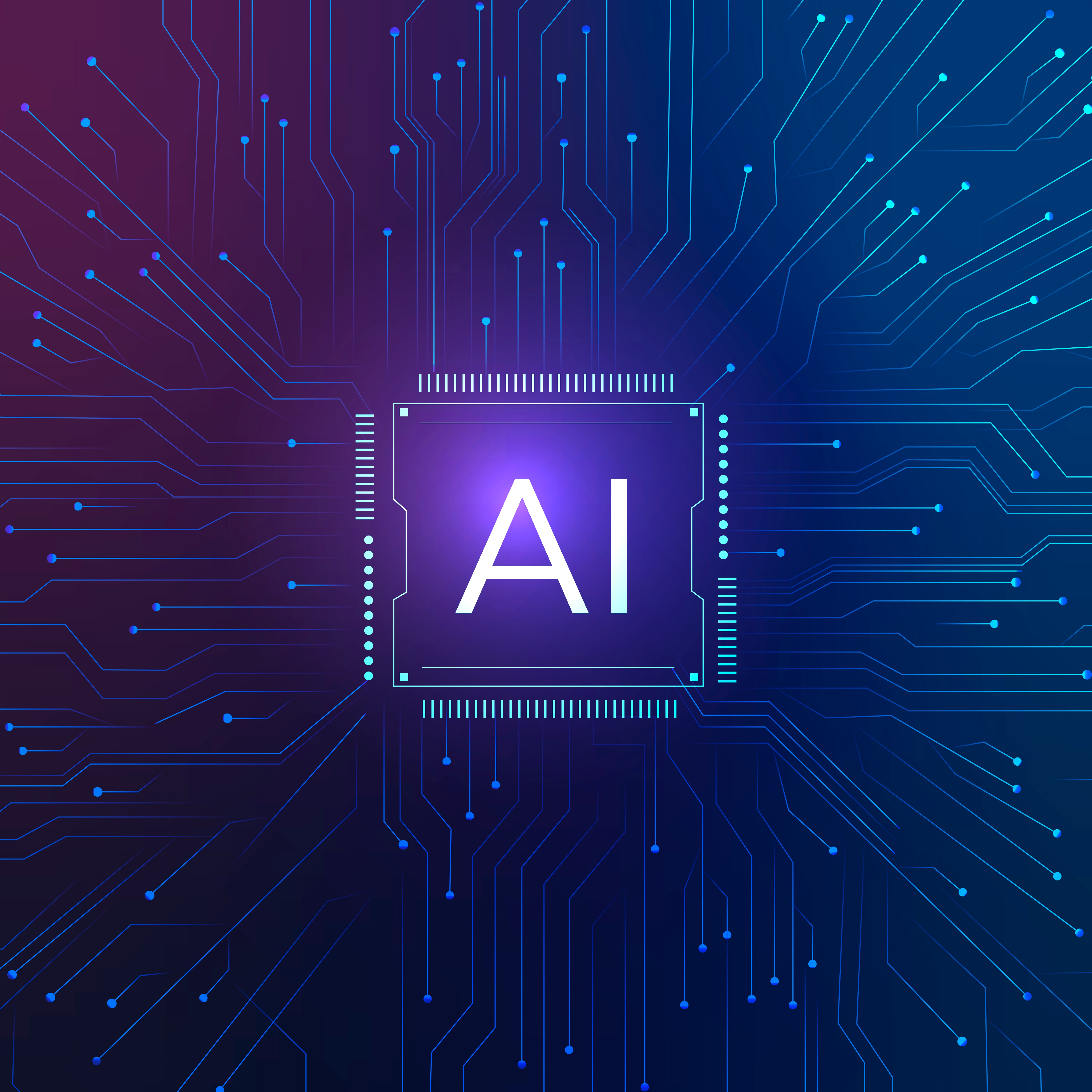 Ilustração de um chip de inteligência artificial (IA) conectado a circuitos digitais, representando o processamento de dados e a evolução das IAs verticais.