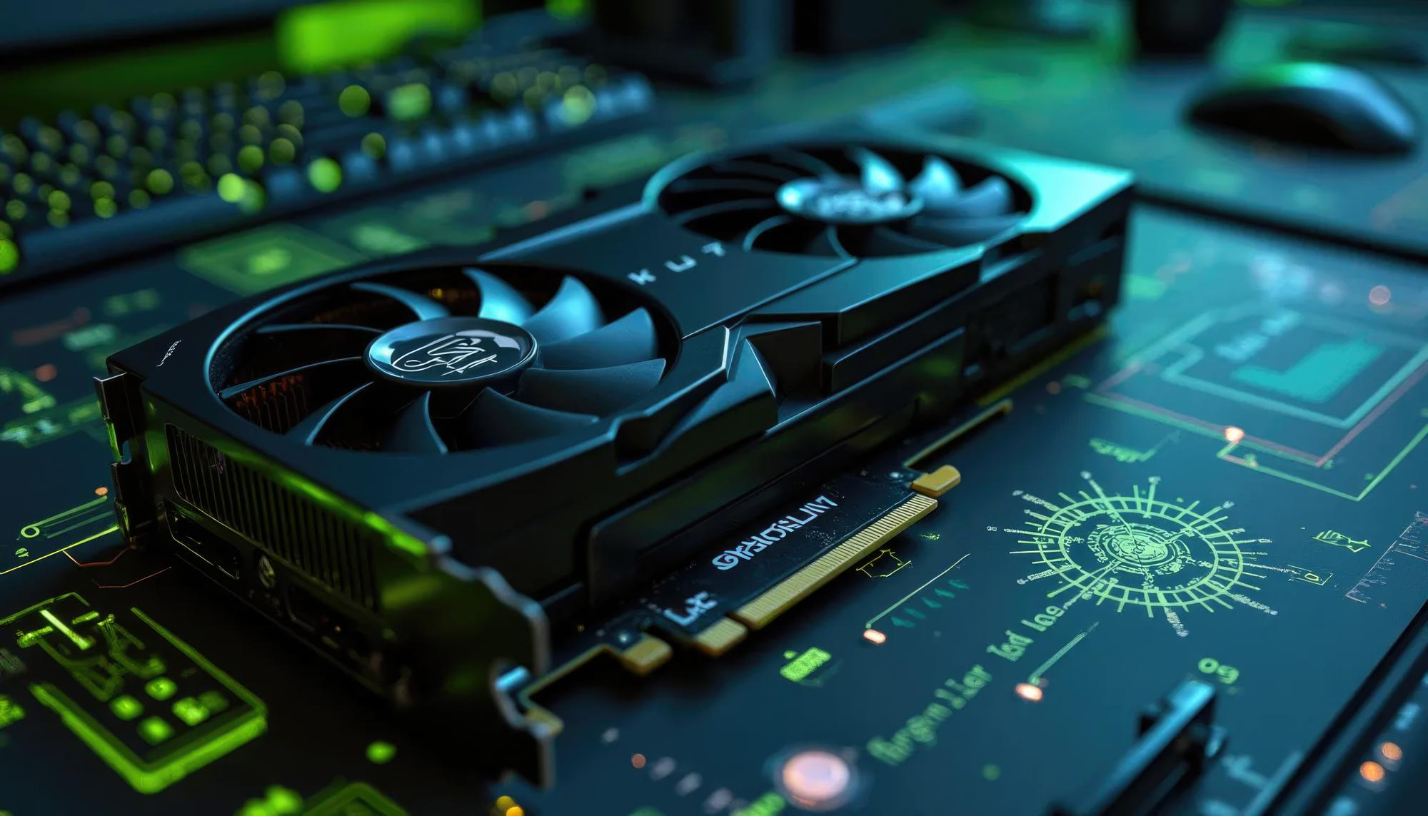 Placa de vídeo GPU com duas ventoinhas sobre uma placa de circuito eletrônico, representando o processamento gráfico de alto desempenho e aplicações de inteligência artificial.