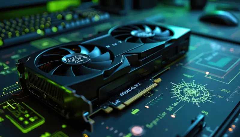 Placa de vídeo com duas ventoinhas sobre uma placa de circuito eletrônico