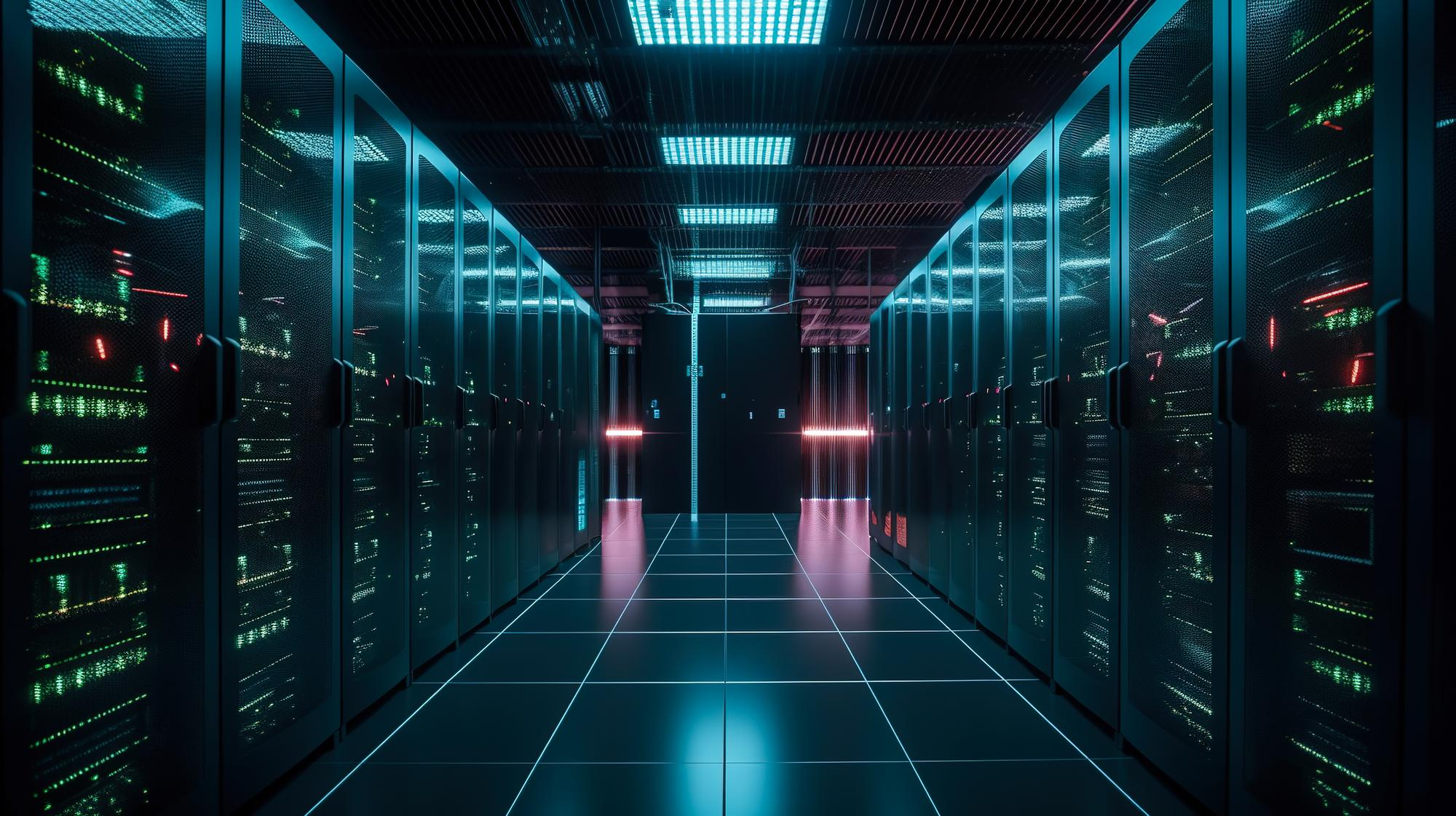 Corredor do data center com servidores de alta tecnologia.