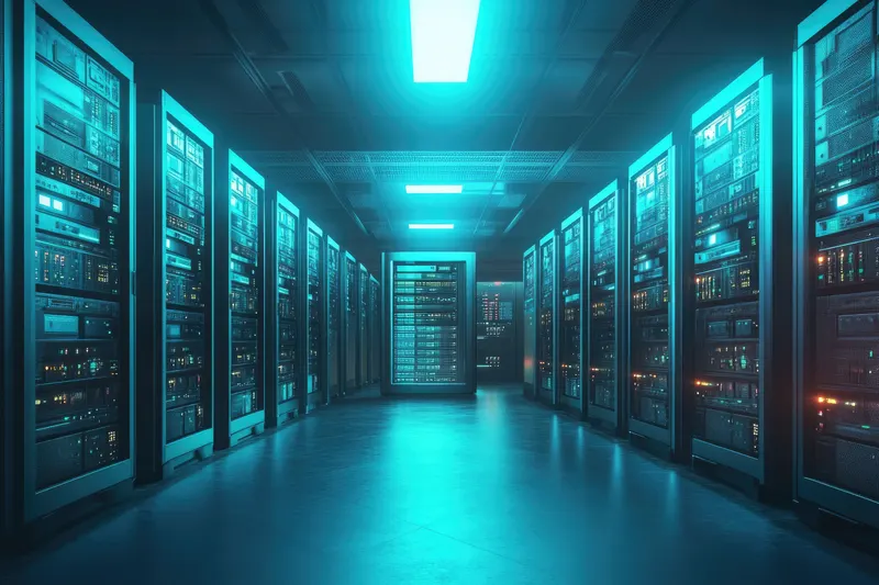 Corredor de Data Center com racks de servidores em ambos os lados, iluminados por luzes azuis, representando infraestrutura dedicada para processamento e armazenamento de dados.