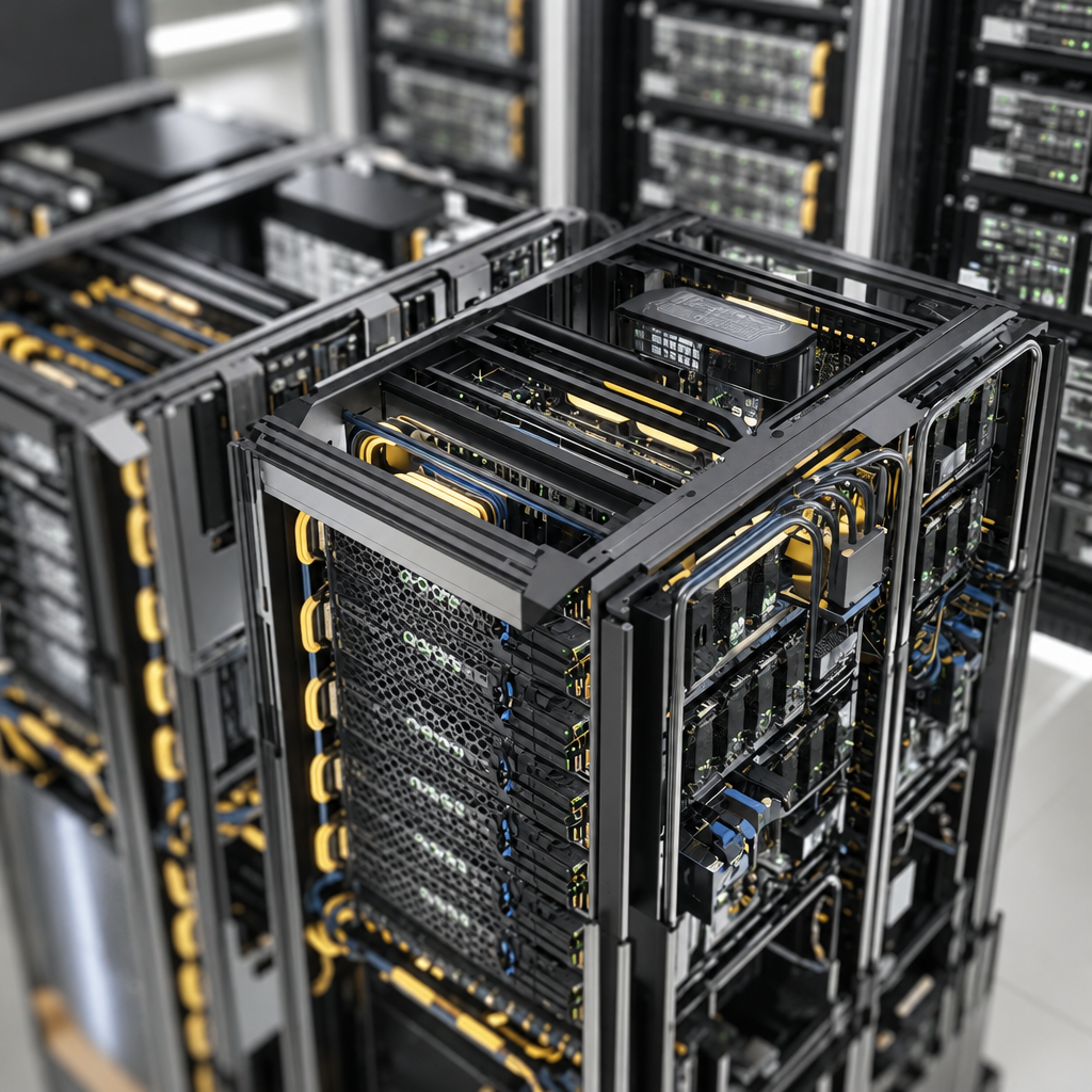 Servidores dedicados instalados em rack de data center corporativo, com cabeamento estruturado e perspectiva do corredor de equipamentos. 