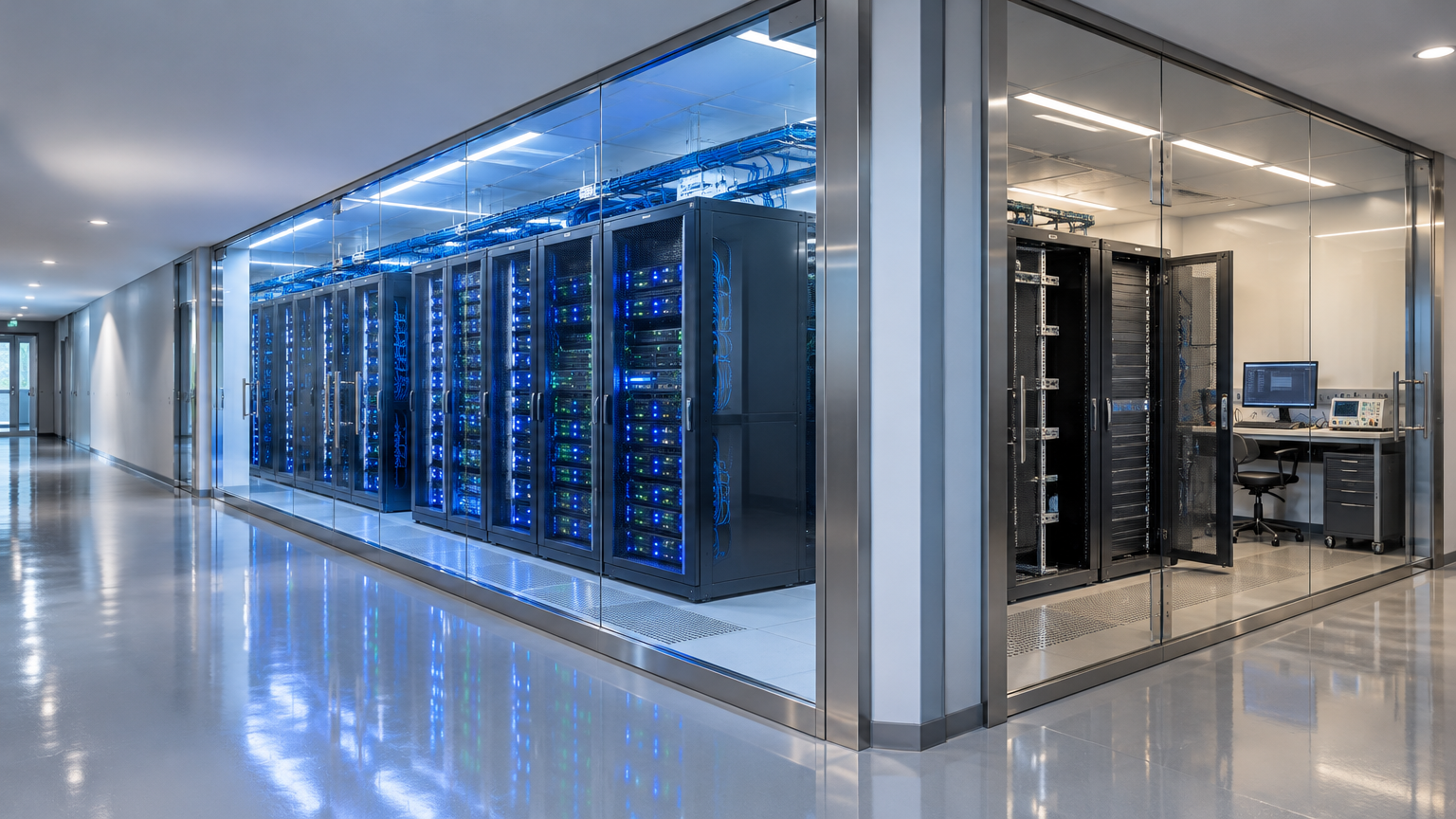 Data center corporativo com duas salas de servidores separadas por divisória de vidro: ambiente de produção e bancada de homologação. 