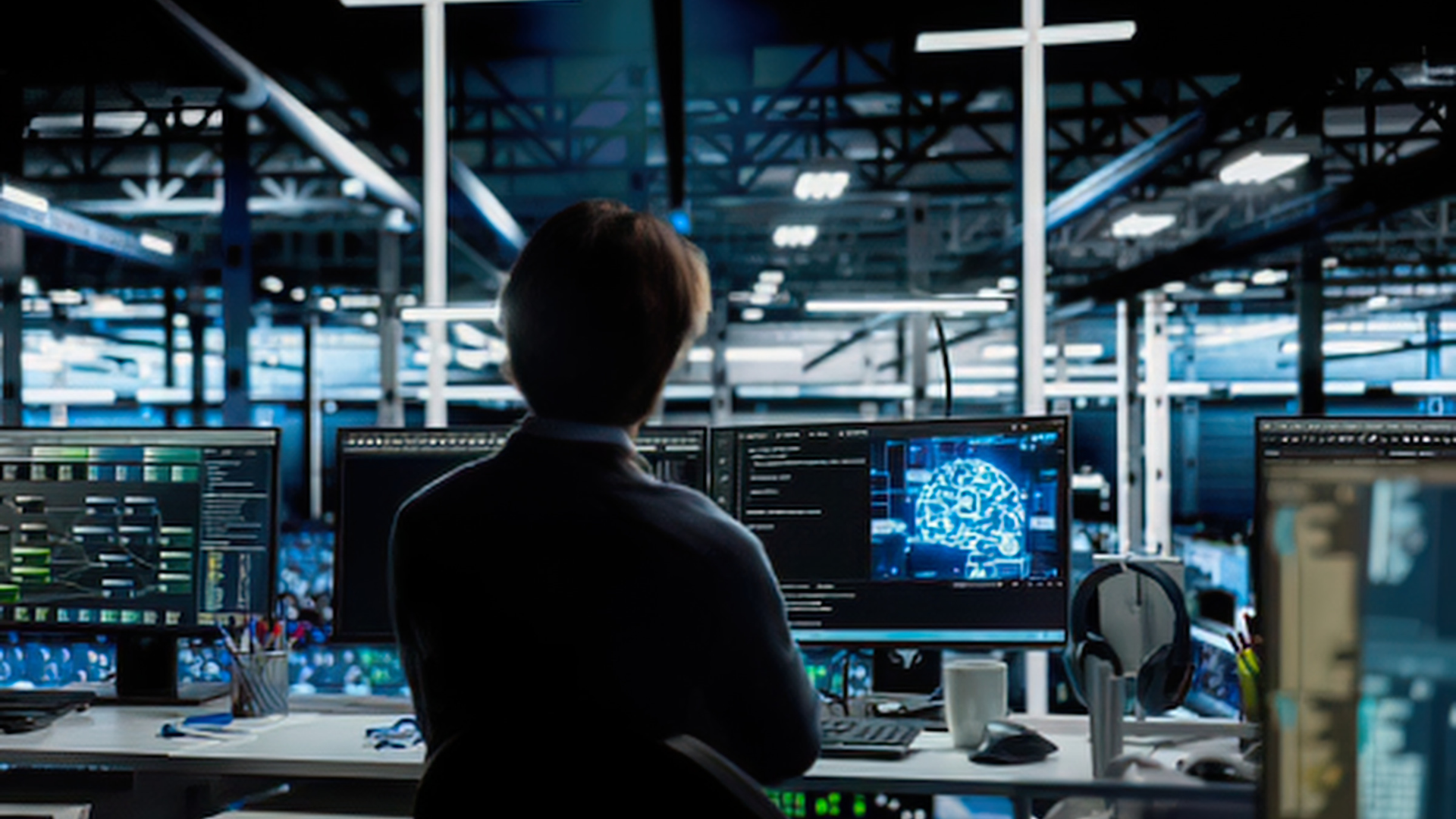 A imagem mostra um profissional de TI de costas, sentado em uma estação de trabalho moderna, com diversos monitores exibindo códigos, sistemas e interfaces relacionadas à tecnologia e à inteligência artificial. O ambiente parece ser um centro de operações tecnológicas, com infraestrutura de computadores, equipamentos e iluminação predominantemente azulada. Em um dos monitores, destaca-se uma representação visual de um cérebro digital, remetendo à inteligência artificial. A composição transmite a ideia de inovação, análise de dados, monitoramento de sistemas e atuação estratégica dos profissionais de tecnologia em ambientes cada vez mais conectados e automatizados.