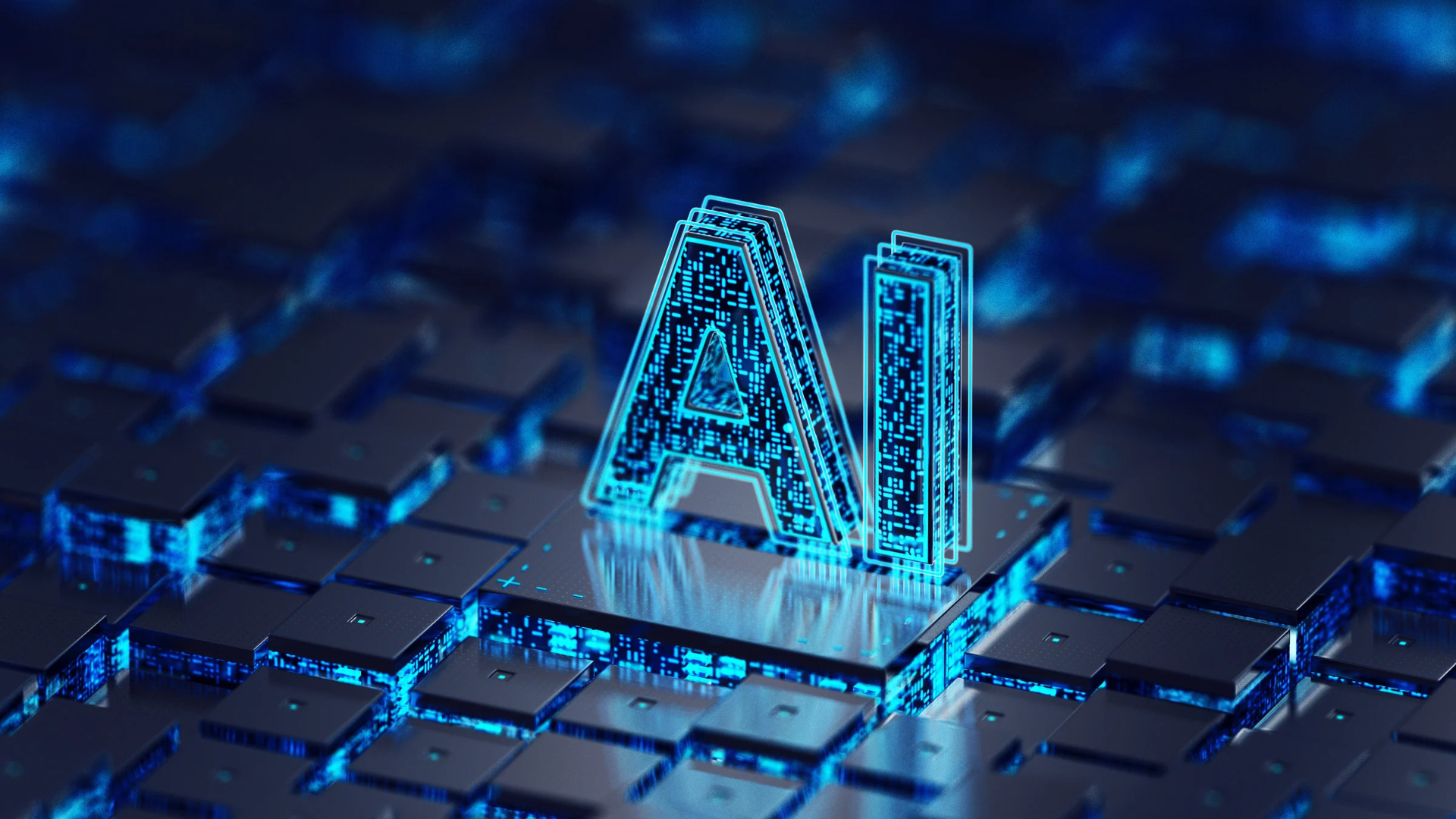 A imagem apresenta a sigla “AI” (Inteligência Artificial) em destaque, representada por letras tridimensionais com aparência digital e iluminação azul neon. Ao fundo, há uma composição de chips e circuitos eletrônicos que remetem a processadores e componentes de hardware. A estética tecnológica, com predominância de tons azuis e efeitos luminosos, transmite inovação, poder computacional, processamento de dados e o avanço da inteligência artificial.