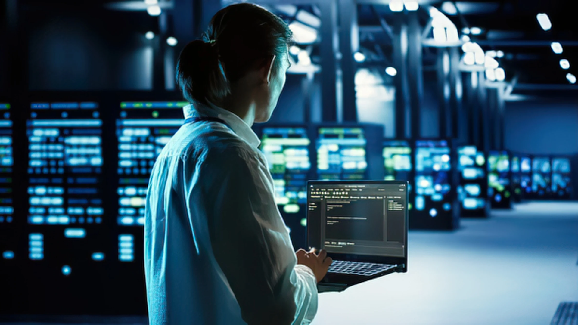 A imagem mostra um profissional de TI de costas, com um computador em suas mãos exibindo códigos, sistemas e interfaces relacionadas à tecnologia e à inteligência artificial. O ambiente parece ser um centro de operações tecnológicas, com infraestrutura de computadores, equipamentos e iluminação predominantemente azulada. Em um dos monitores, destaca-se uma representação visual de um cérebro digital, remetendo à inteligência artificial. A composição transmite a ideia de inovação, análise de dados, monitoramento de sistemas e atuação estratégica dos profissionais de tecnologia em ambientes cada vez mais conectados e automatizados