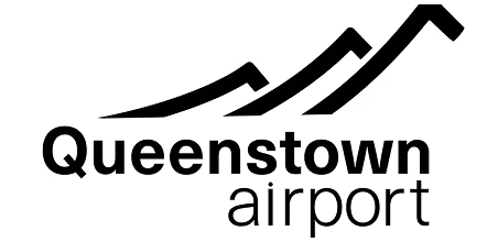 Queenstown Airport logo with stylized mountain peaks above the text.
