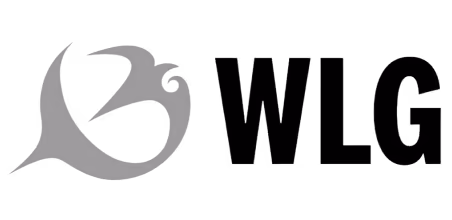 Gray logo with the letters WLG and a stylized circular design resembling a bird or wave.