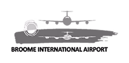 Broome International Airport logo with stylized airplane and circular emblem design.