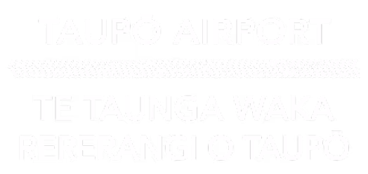 Text reading 'Taupō Airport' and 'Te Taunga Waka Rererangi o Taupō' with a decorative zigzag line in between.