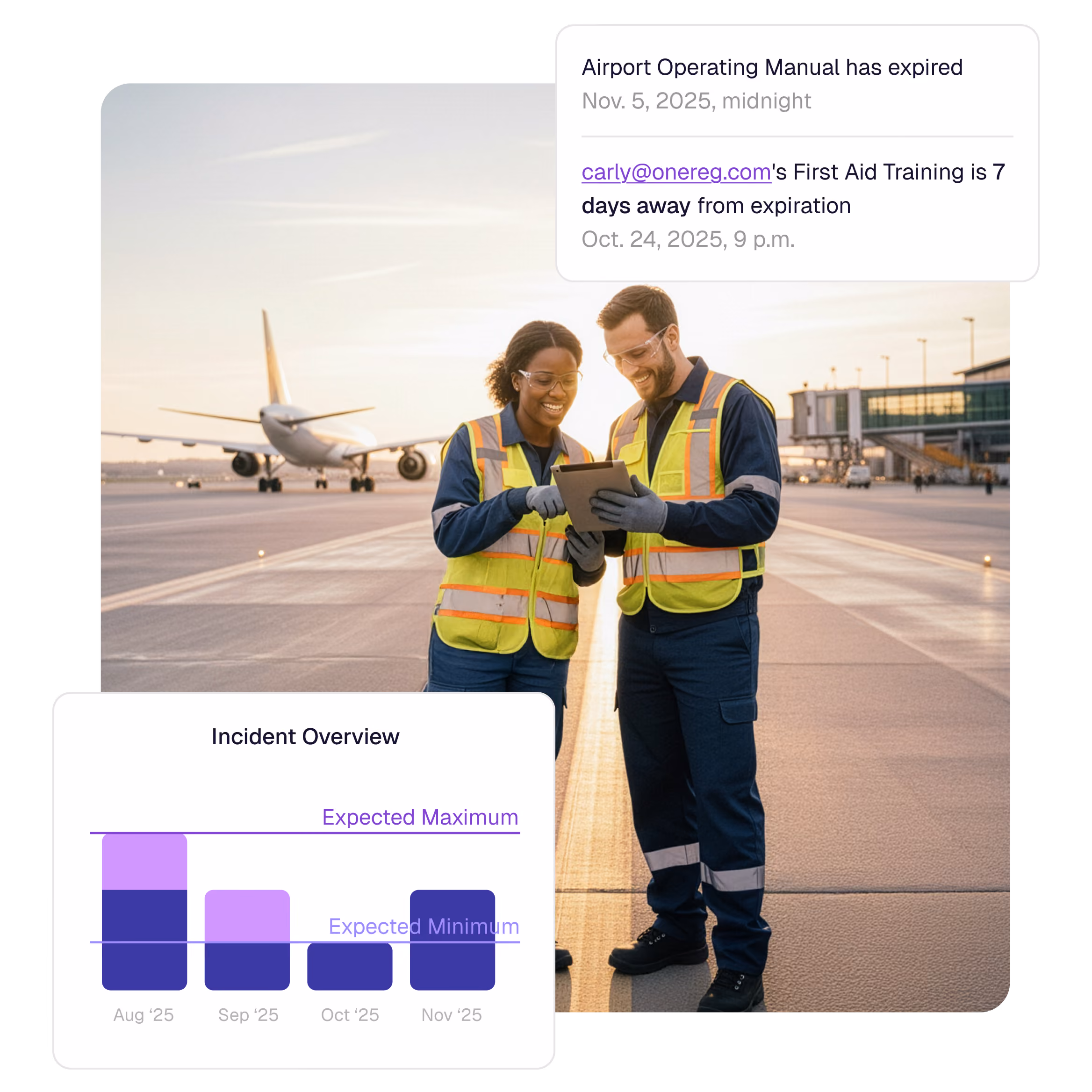 Two airport workers in safety vests looking at a tablet on the runway with an airplane in background.