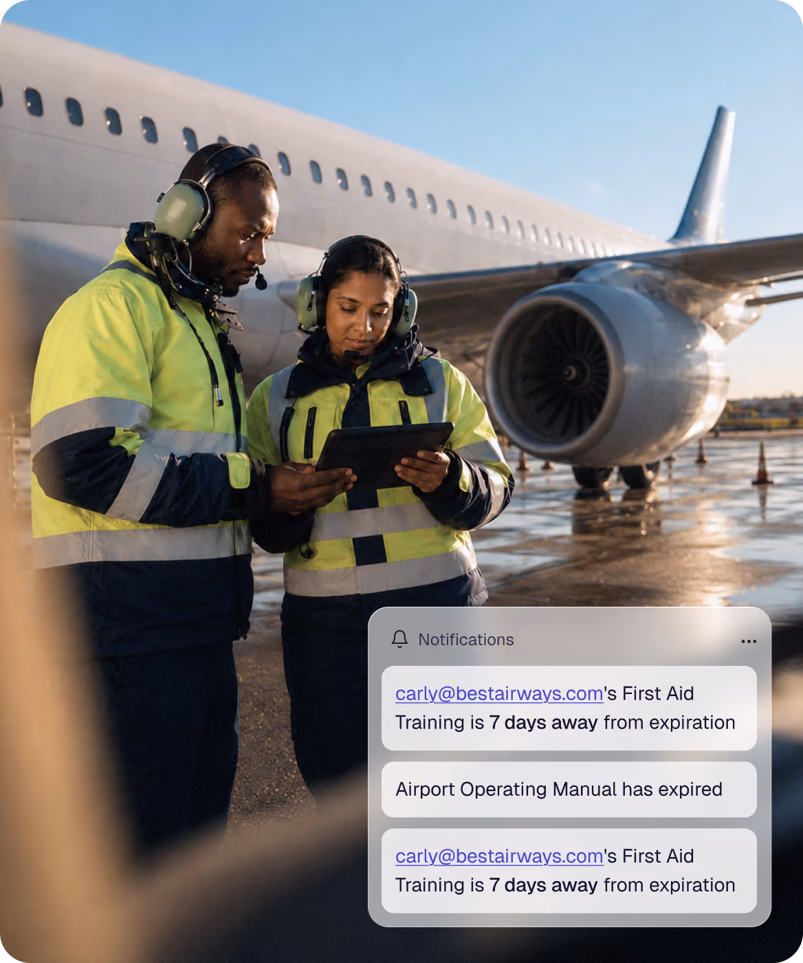 Two airport workers in safety jackets and headsets reviewing a tablet near a plane engine on tarmac.