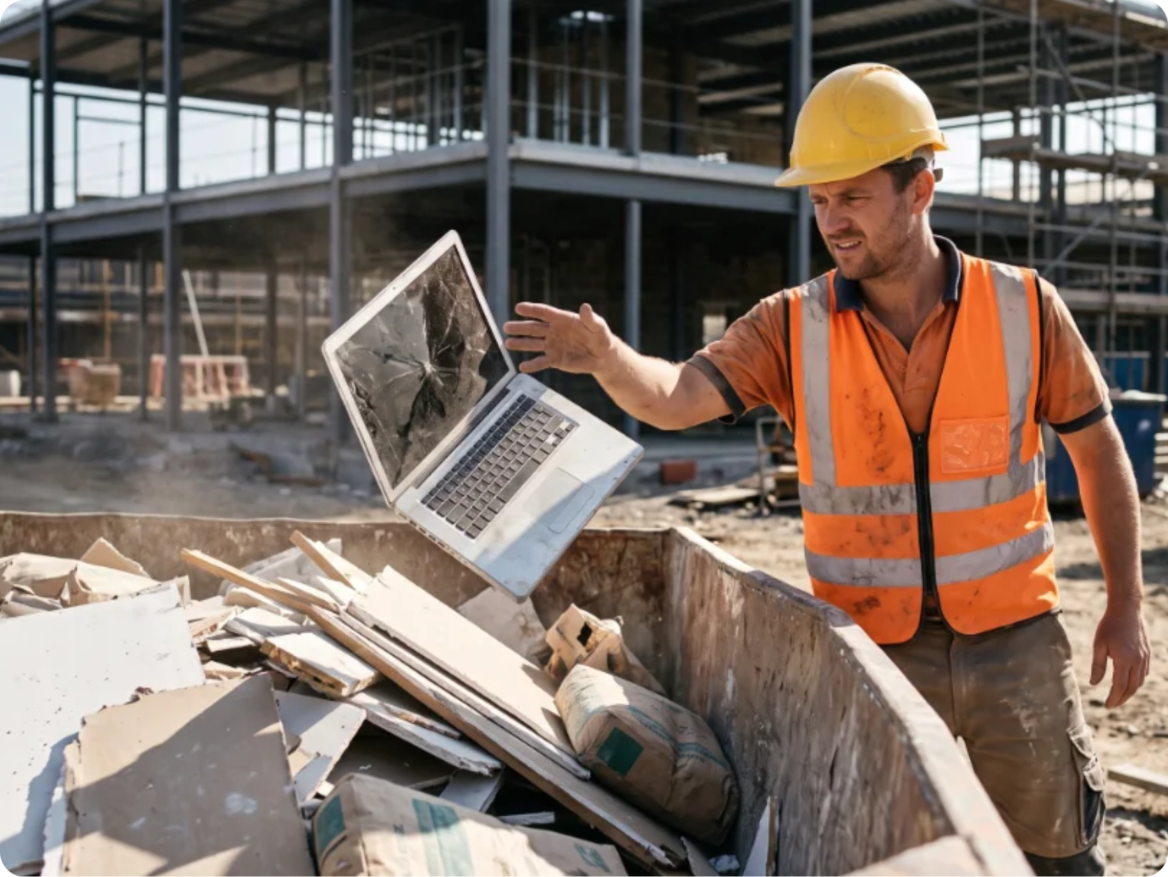 Builder tossing a laptop into a skip on site