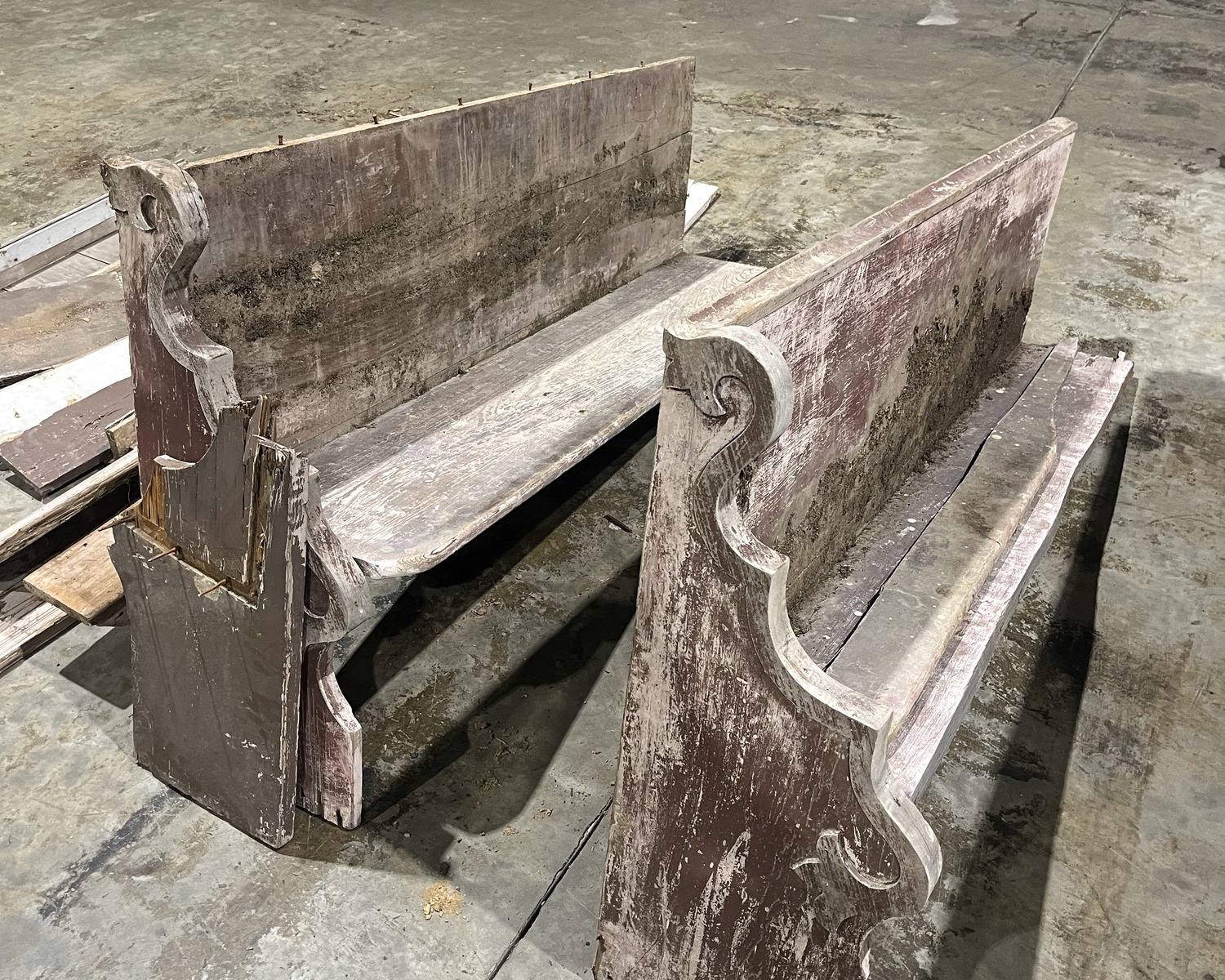 A stripped historic pew during the Christ Church restoration.