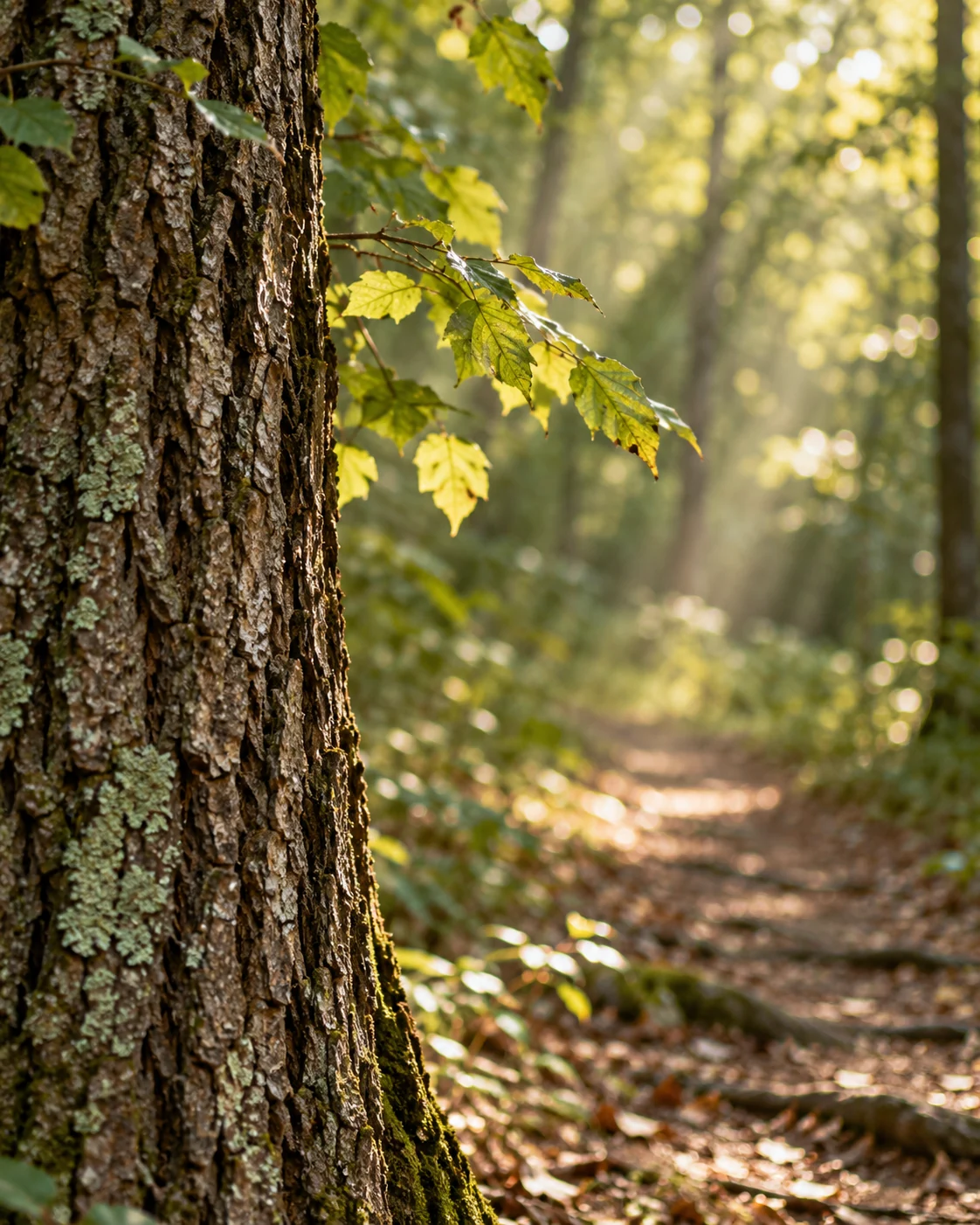 Atmospheric illustration of woodland bark and morning light