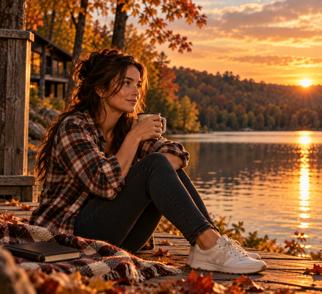 Mia sitting quietly beside a lake at sunset, holding a cup; supplied atmospheric portrait, not a guest testimonial or actual-property photograph
