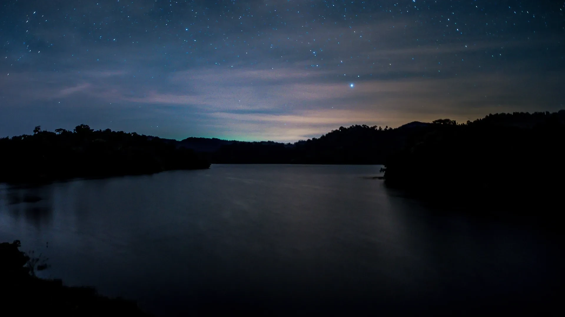 A starry night sky above a lake and wooded shoreline.