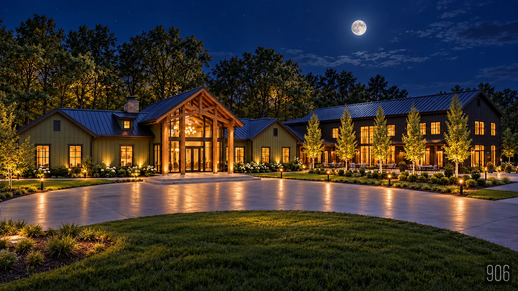 Photorealistic visualization based on The Lake construction rendering, showing the complete planned building and grounds illuminated beneath a full moon.
