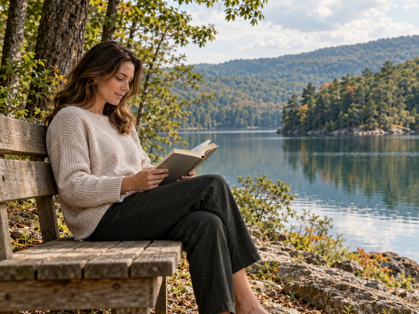 A woman quietly reading a book beside a wooded lake in soft natural light; illustrative imagery.