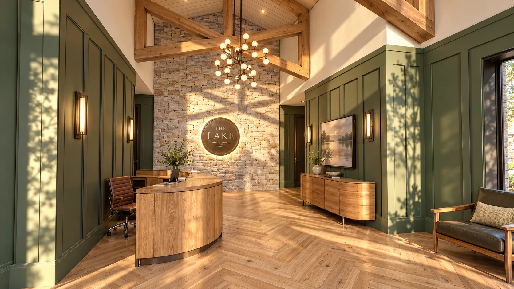 Architect-based proposed-facility visualization: lobby arrival at The Lake.