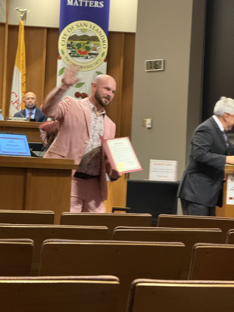 Dr. Corey Blanchette receiving a City of San Leandro award at San Leandro City Hall, June 2026