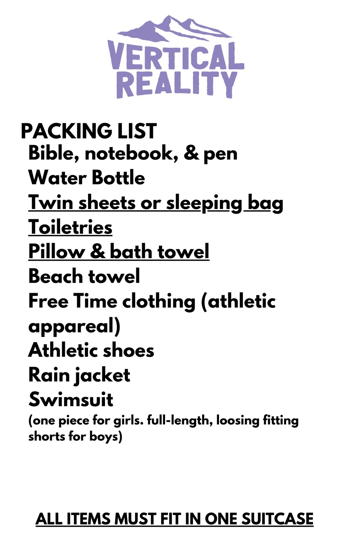 Vertical Reality packing list