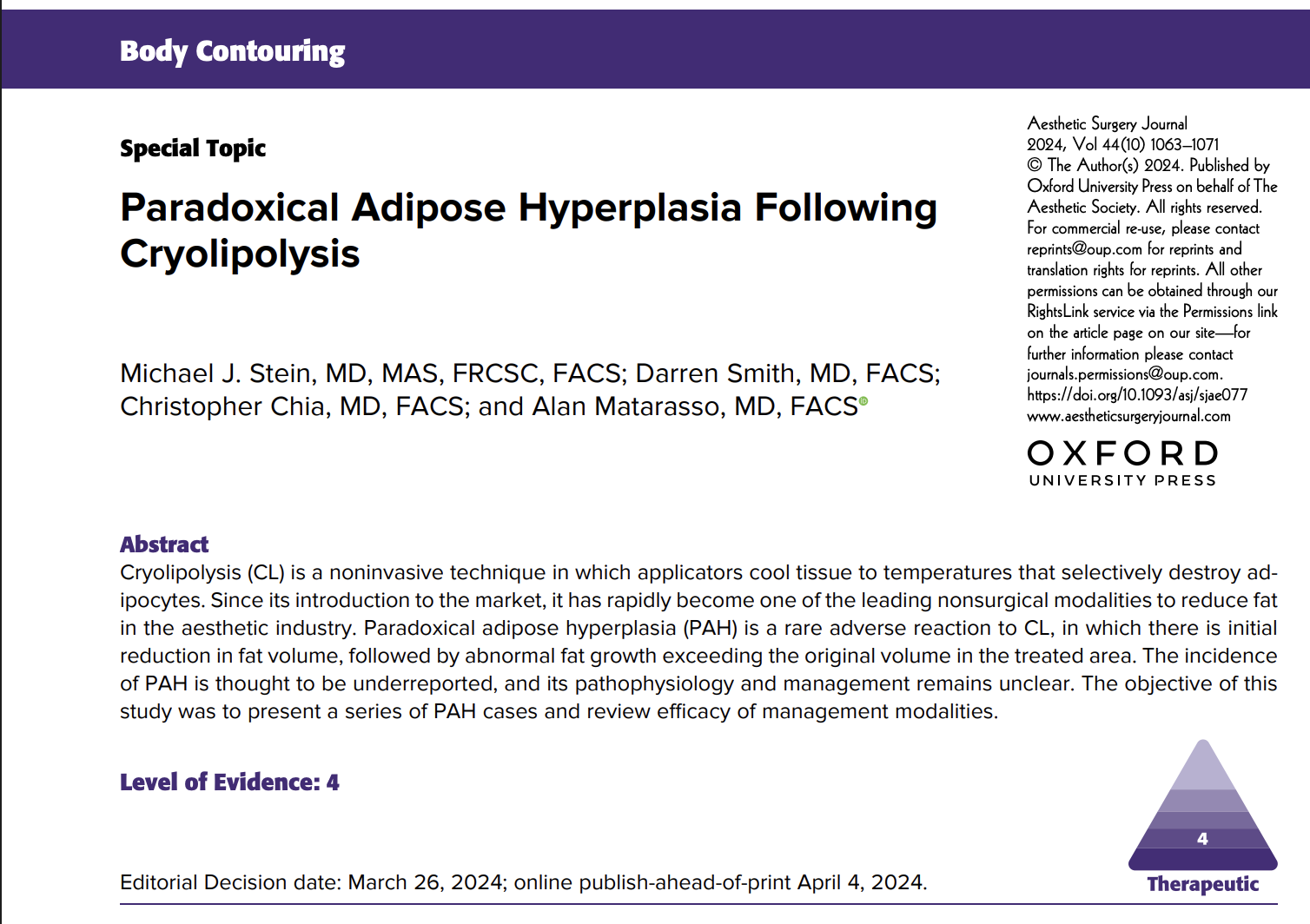 Title and abstract of Paradoxical Adipose Hyperplasia Following Cryolipolysis.