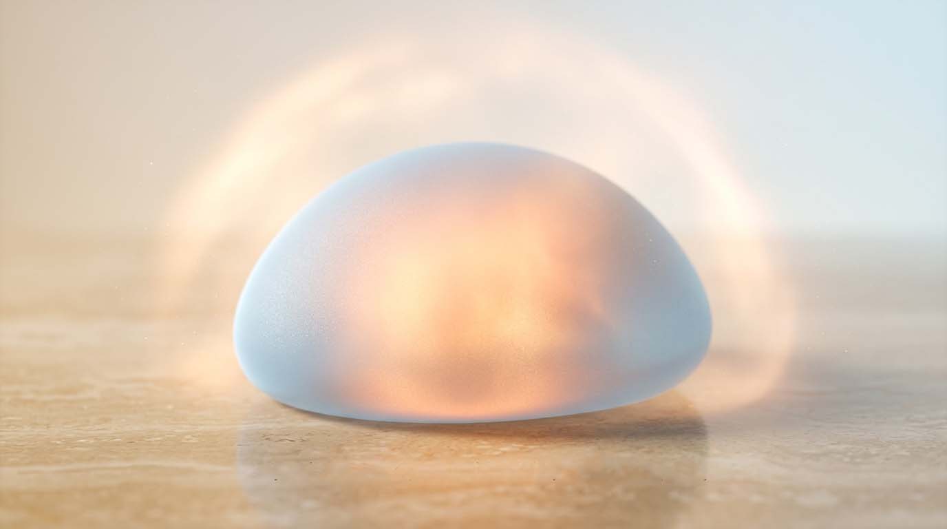 Illustration of a breast implant in soft blue and warm golden light.