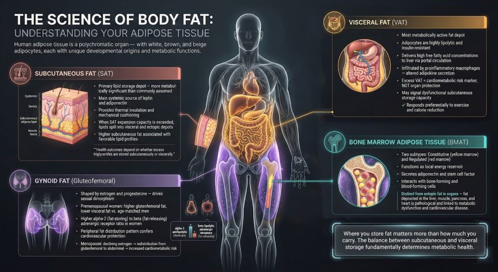Illustration of subcutaneous, visceral, gynoid and bone marrow fat.