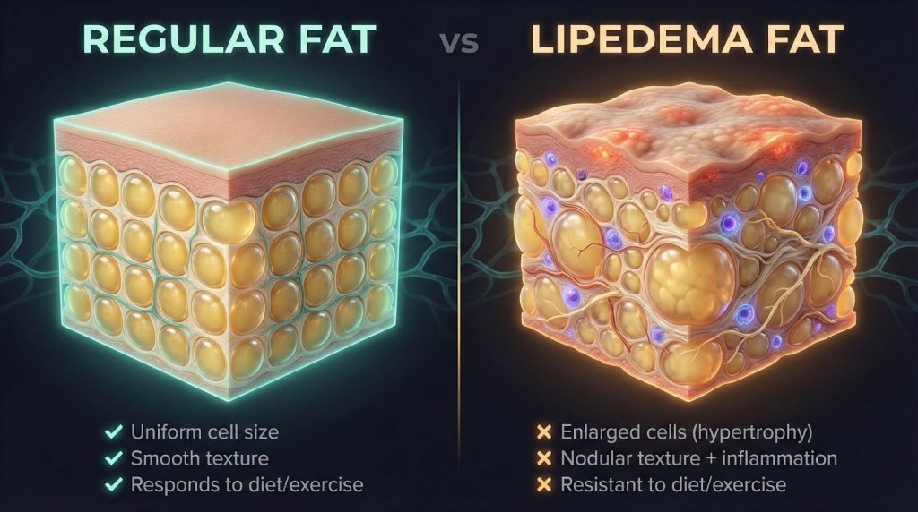 Illustration comparing regular fat and lipedema tissue.