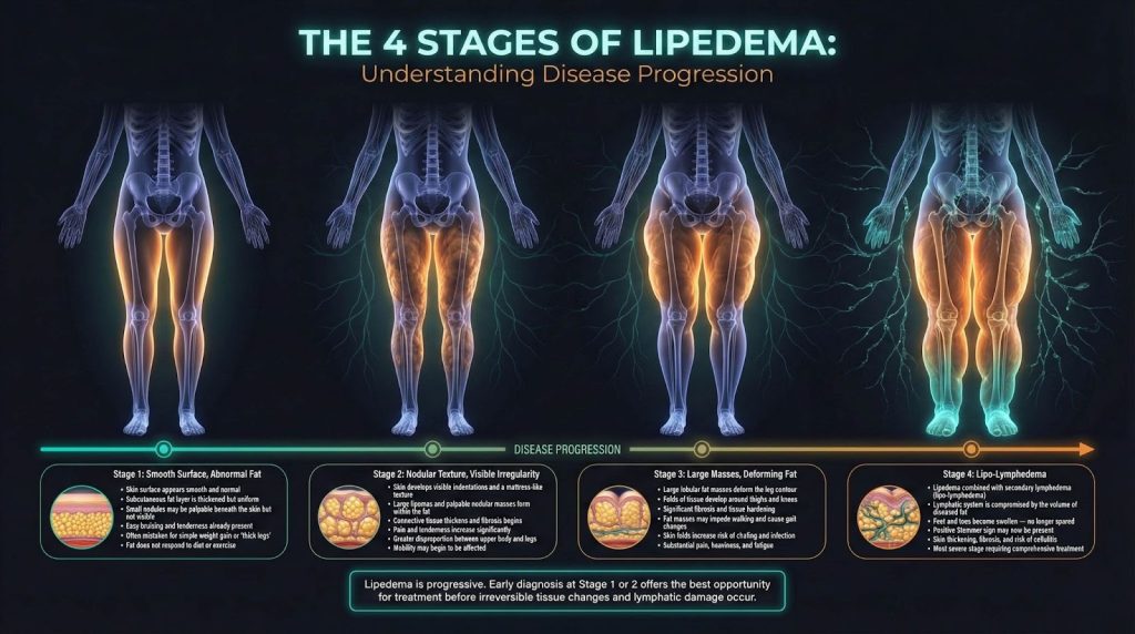Illustration of lipedema stages and secondary lymphedema.