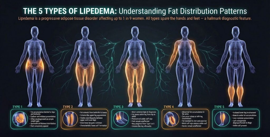 Illustration of five lipedema distribution patterns.