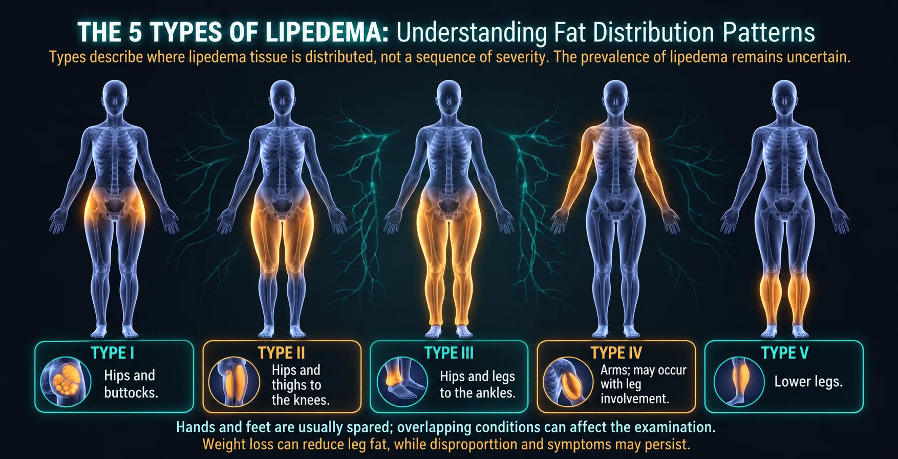 Five lipedema distribution patterns involving the hips, thighs, legs and arms.