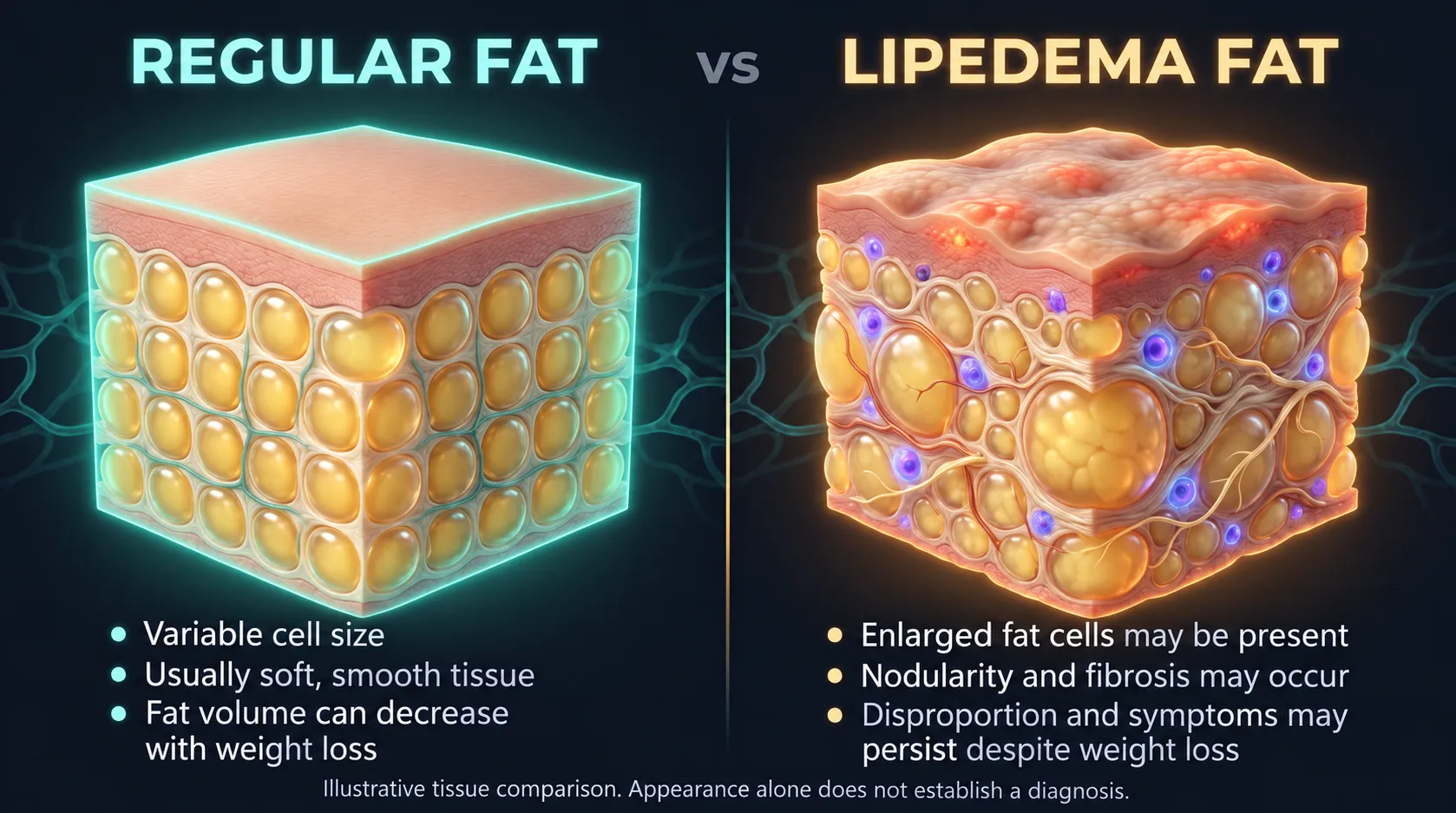 Illustration comparing regular and lipedema-associated fat, including possible nodularity and variable response to weight loss.