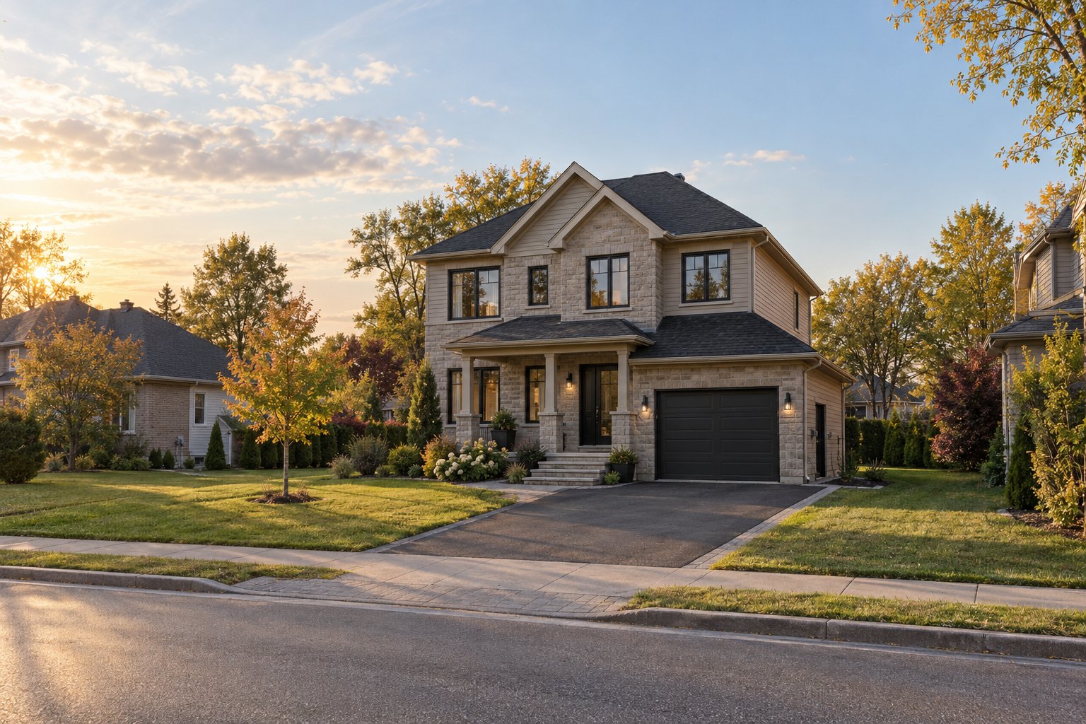 Single-family home in a Quebec suburb at golden hour