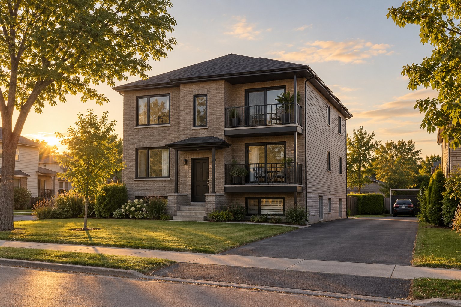 Duplex with brick facade and balconies