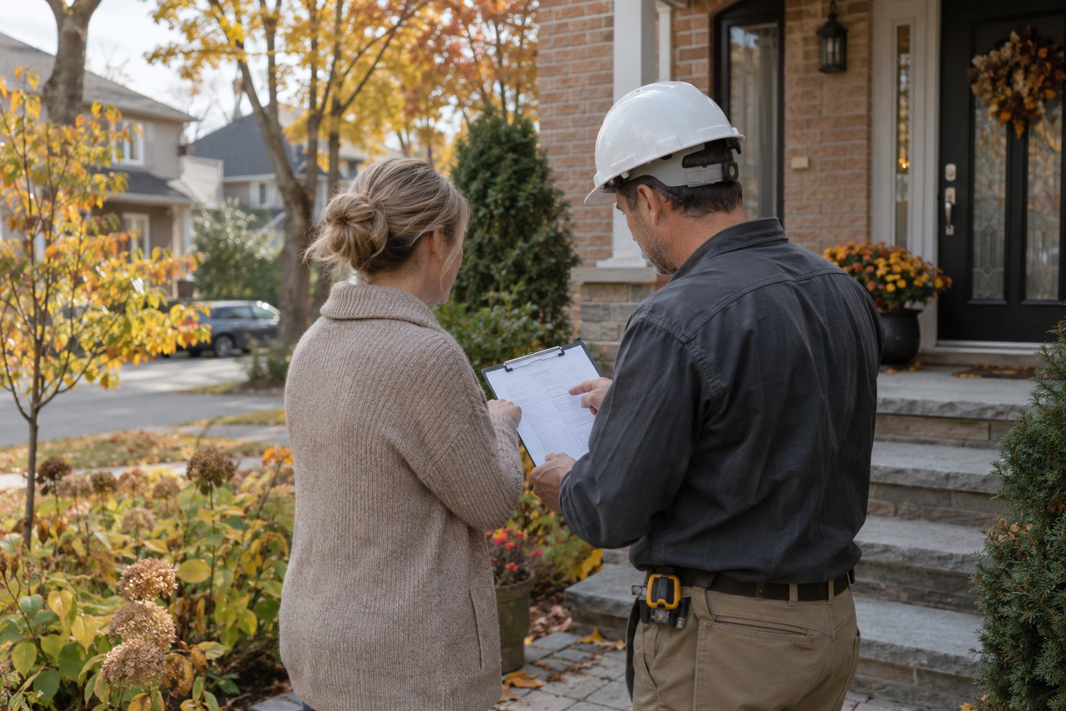 Homeowner and contractor reviewing a quote at the front steps