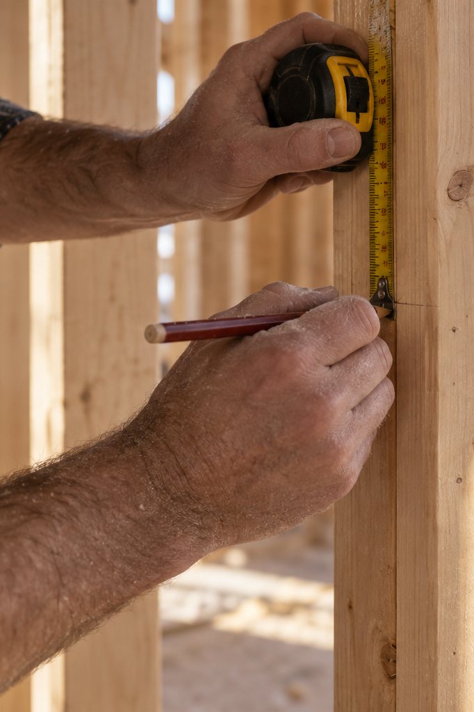 Carpenter marking a stud with a tape measure and pencil