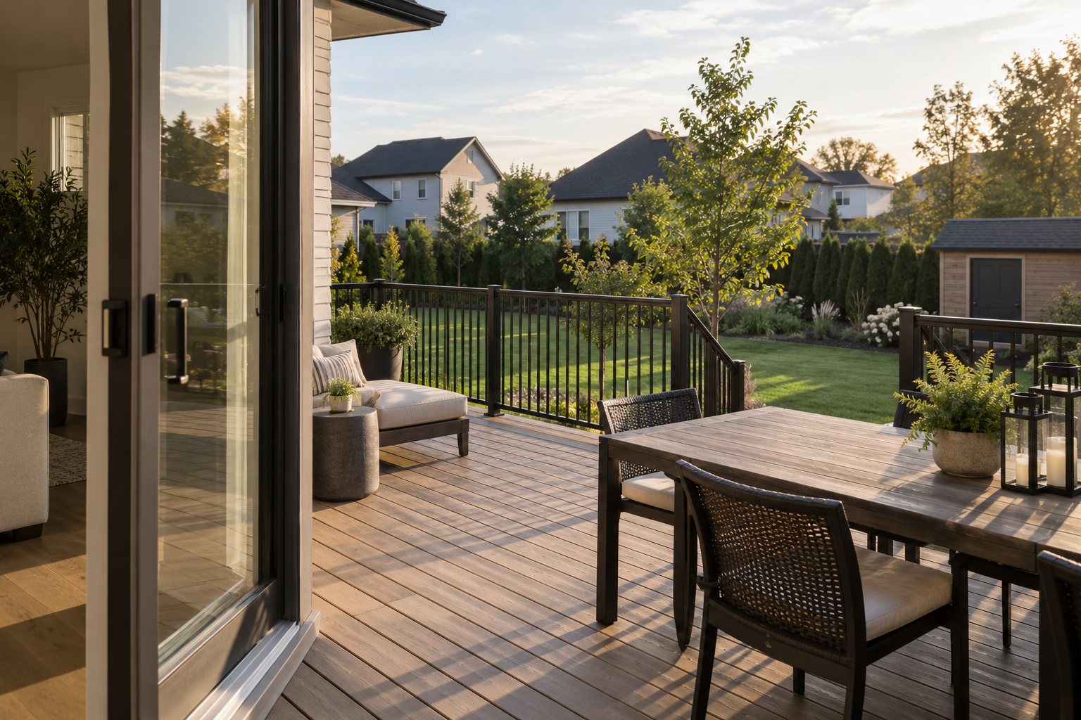 Wooden rear deck with black railing on a new house