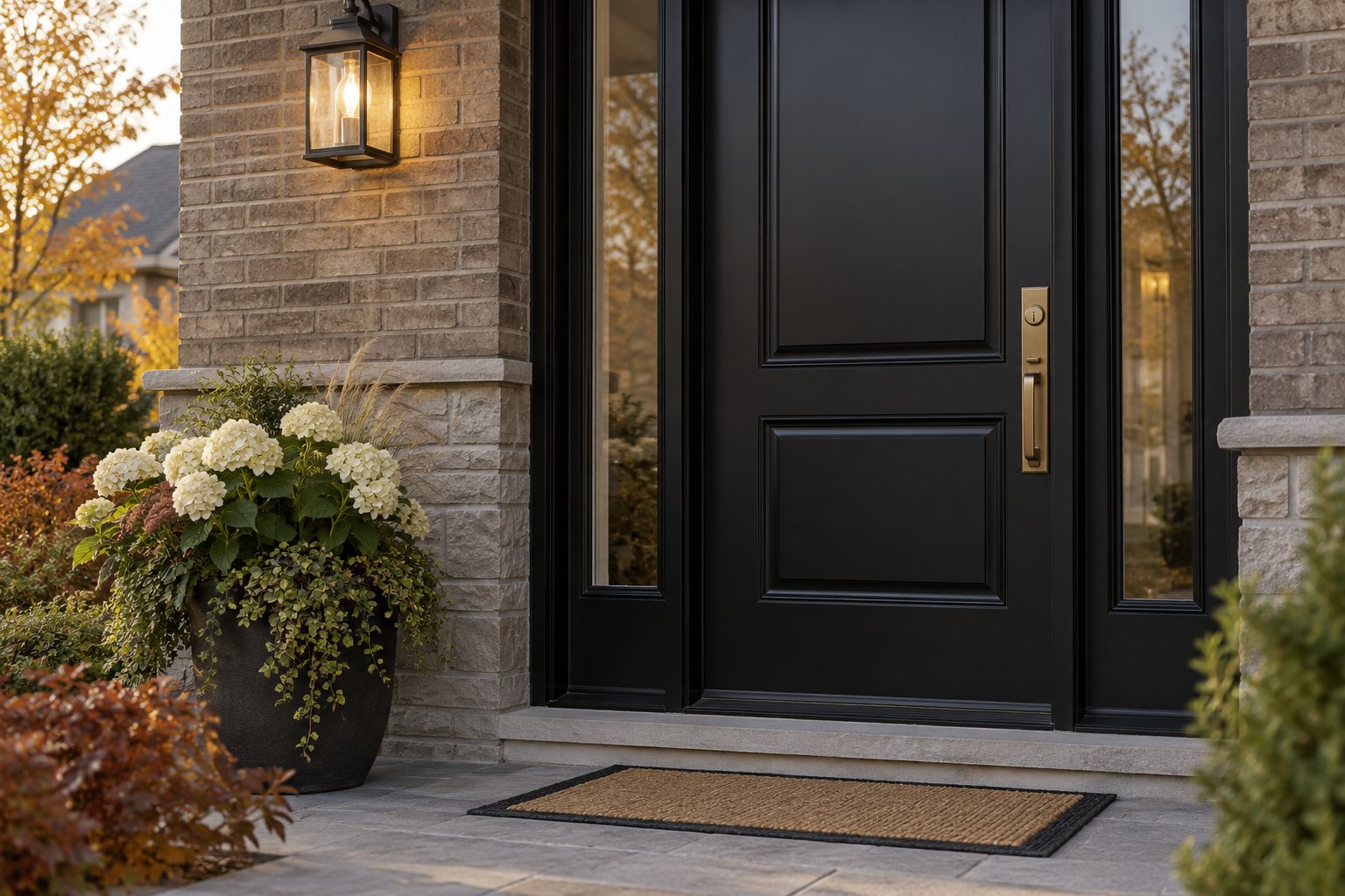 Black front door on a brick facade