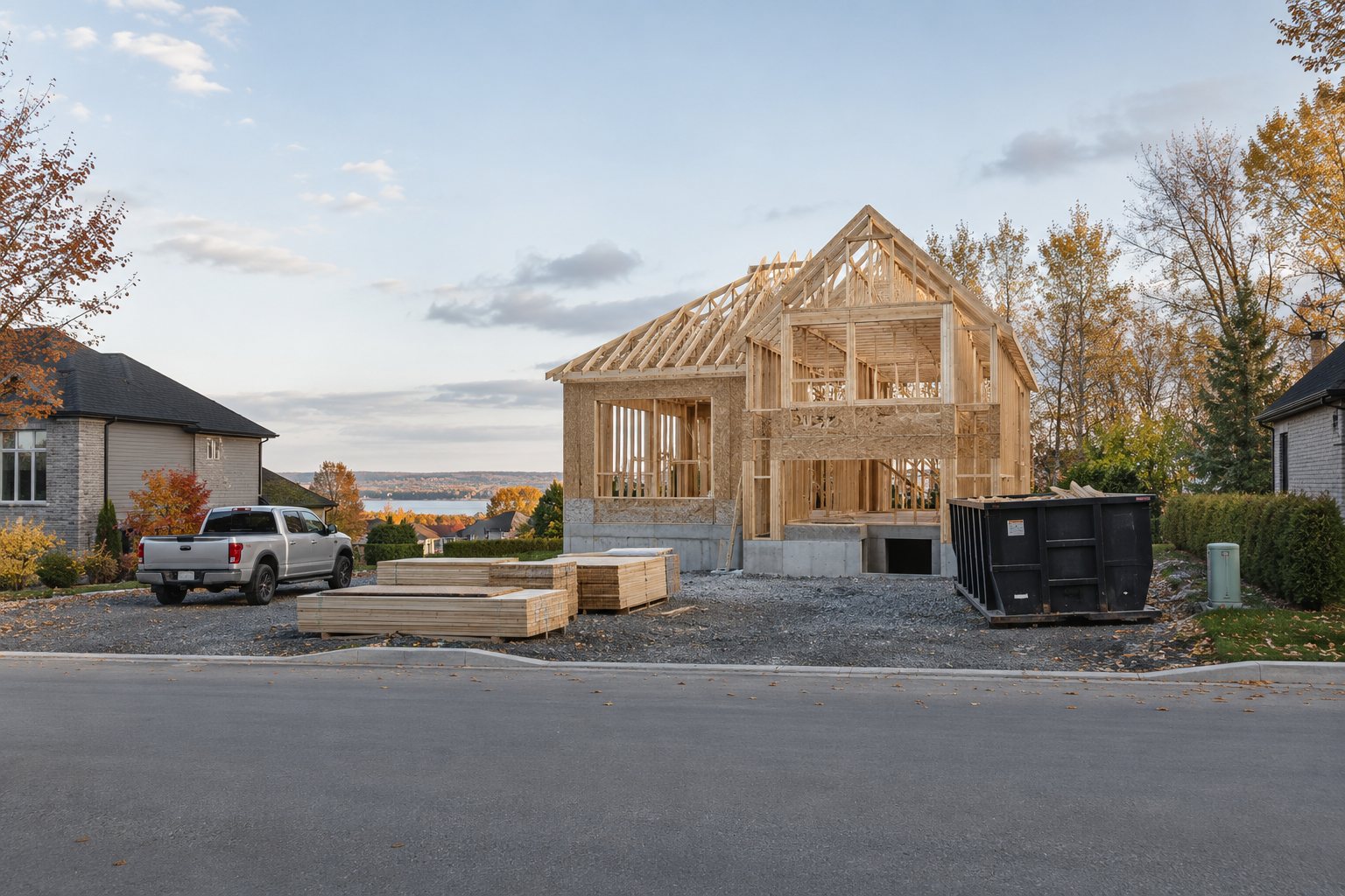 Residential construction site with a house at the framing stage