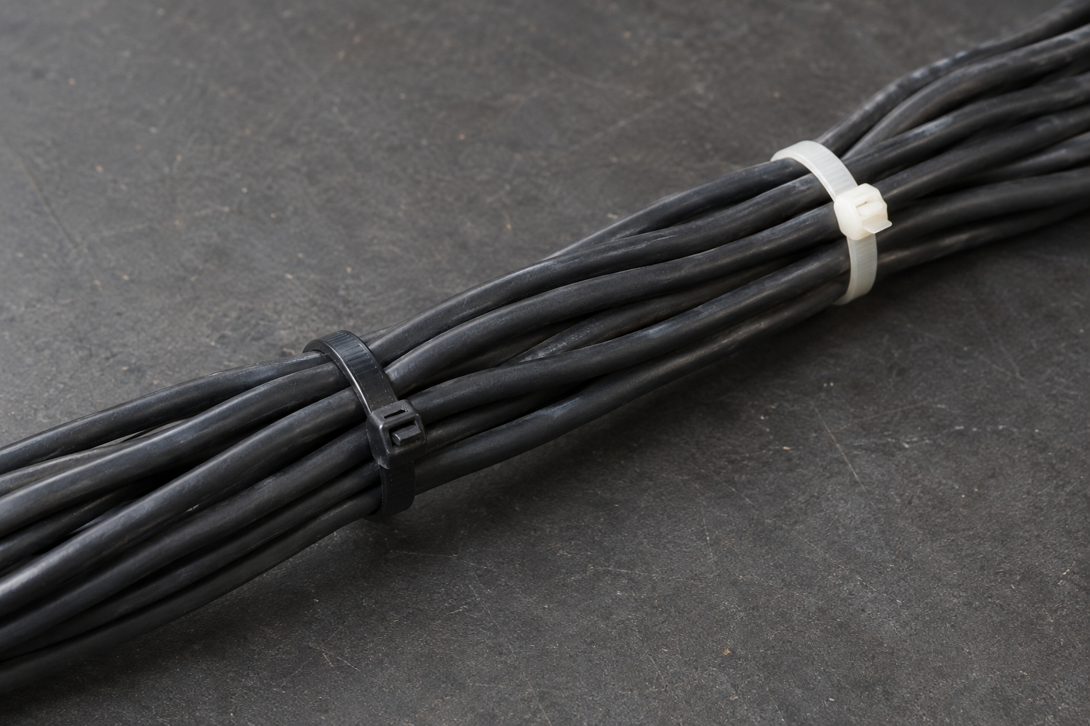 Black and natural nylon cable ties securing a cable bundle on a dark workbench.